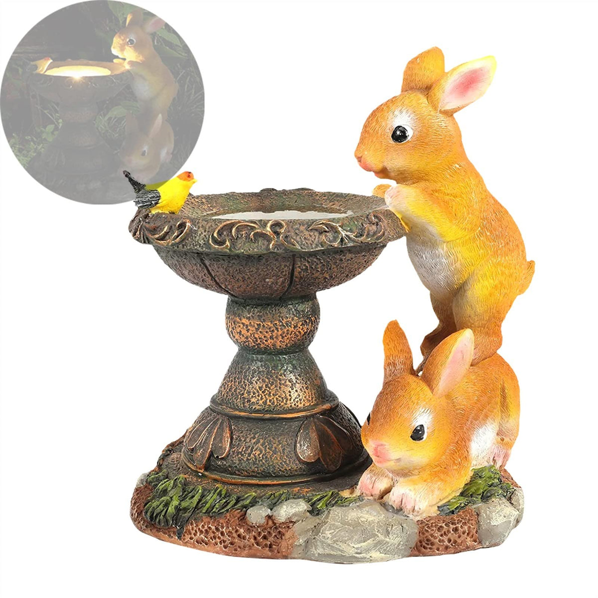 Solar Rabbit Bird Bath Statue Lights for Garden Lawn Decor