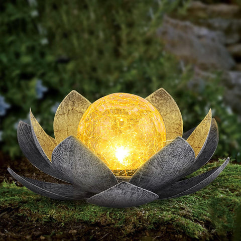 Garden Amber Crackle Globe Glass Lotus Solar Lights