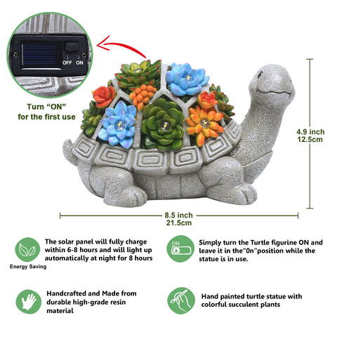 Solar Garden Outdoor Statues Turtle with Succulent and 7 LED Lights