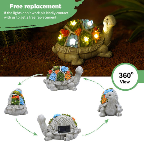 Solar Garden Outdoor Statues Turtle with Succulent and 7 LED Lights