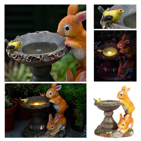 Solar Rabbit Bird Bath Statue Lights for Garden Lawn Decor