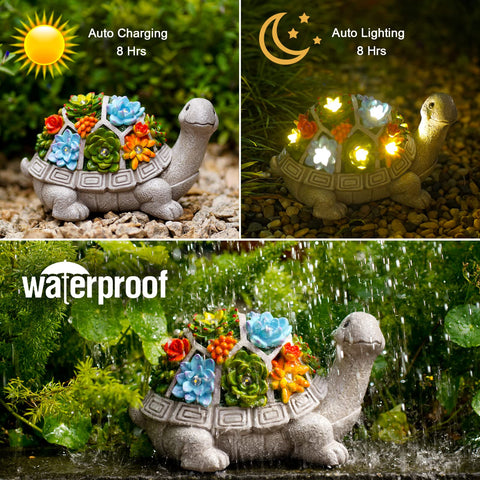 Solar Garden Outdoor Statues Turtle with Succulent and 7 LED Lights